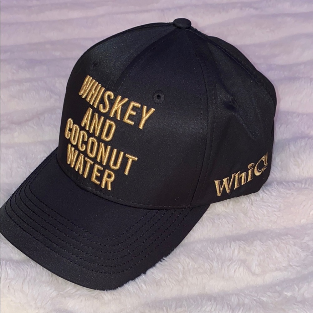 Whiskey and Coconut Water Gold Embroidered Black Baseball Microfiber Hat